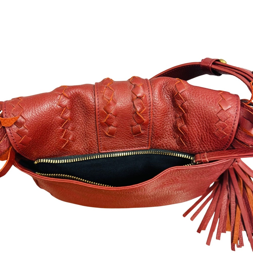 Bixi Awotan Seneca Red Pebbled Leather Fringe Braided Shoulder Bag Tassel Boho - Picture 9 of 13